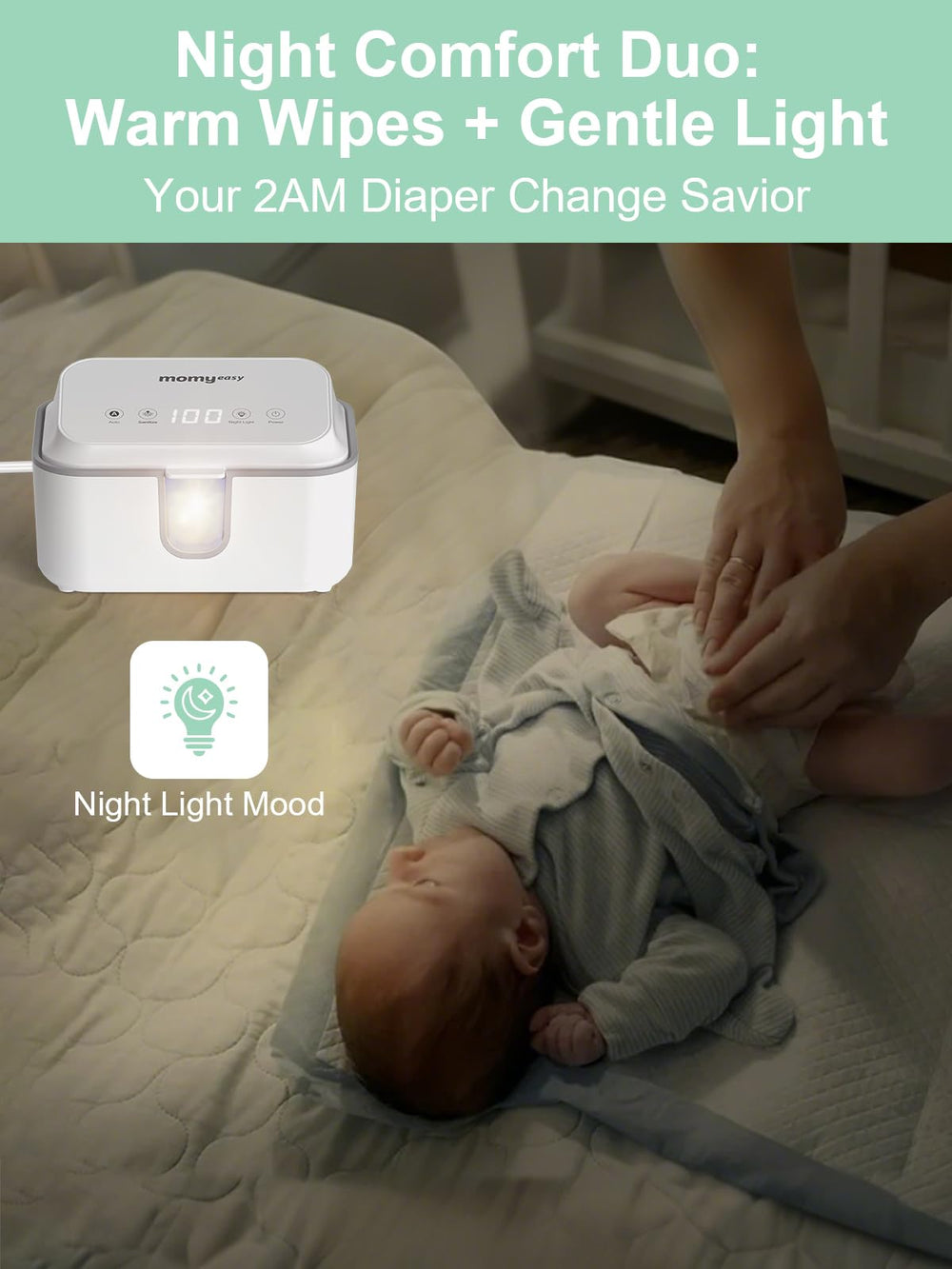 Momyeasy Wipe Warmer shows three temperature modes for newborn and quick tasks.