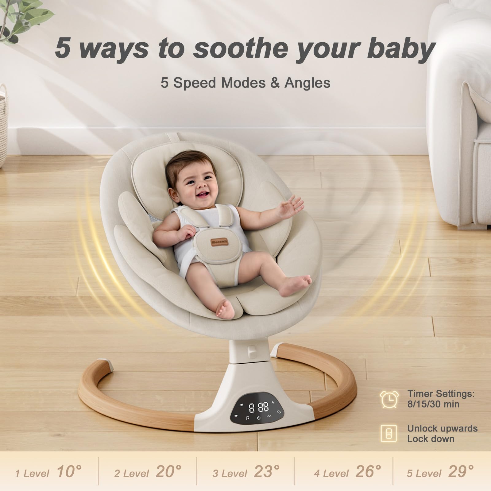 Monamii baby swing with 10 lullabies offers gentle melodies for quiet time.