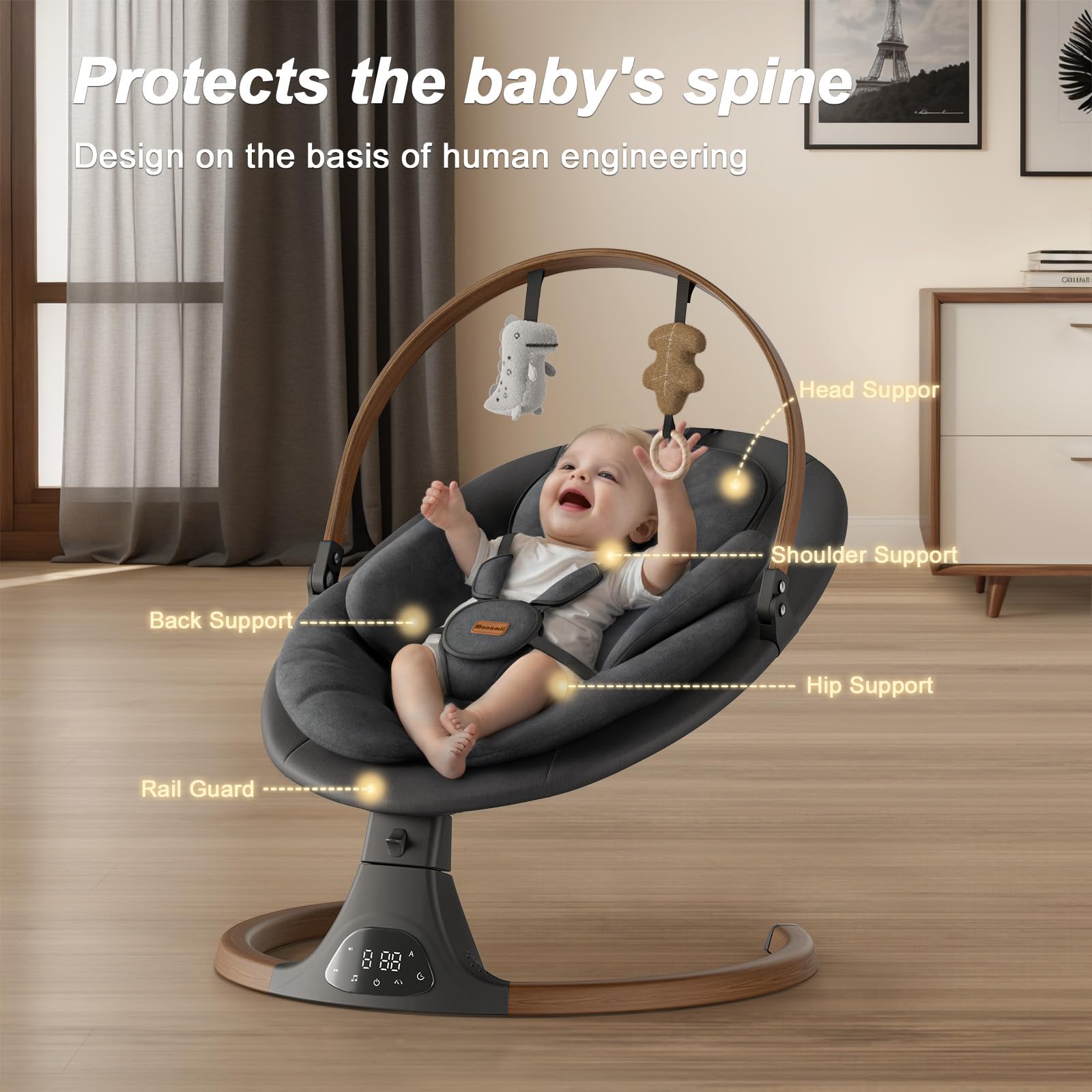 Monamii Baby Swing offers 5 sway motions for calming sessions