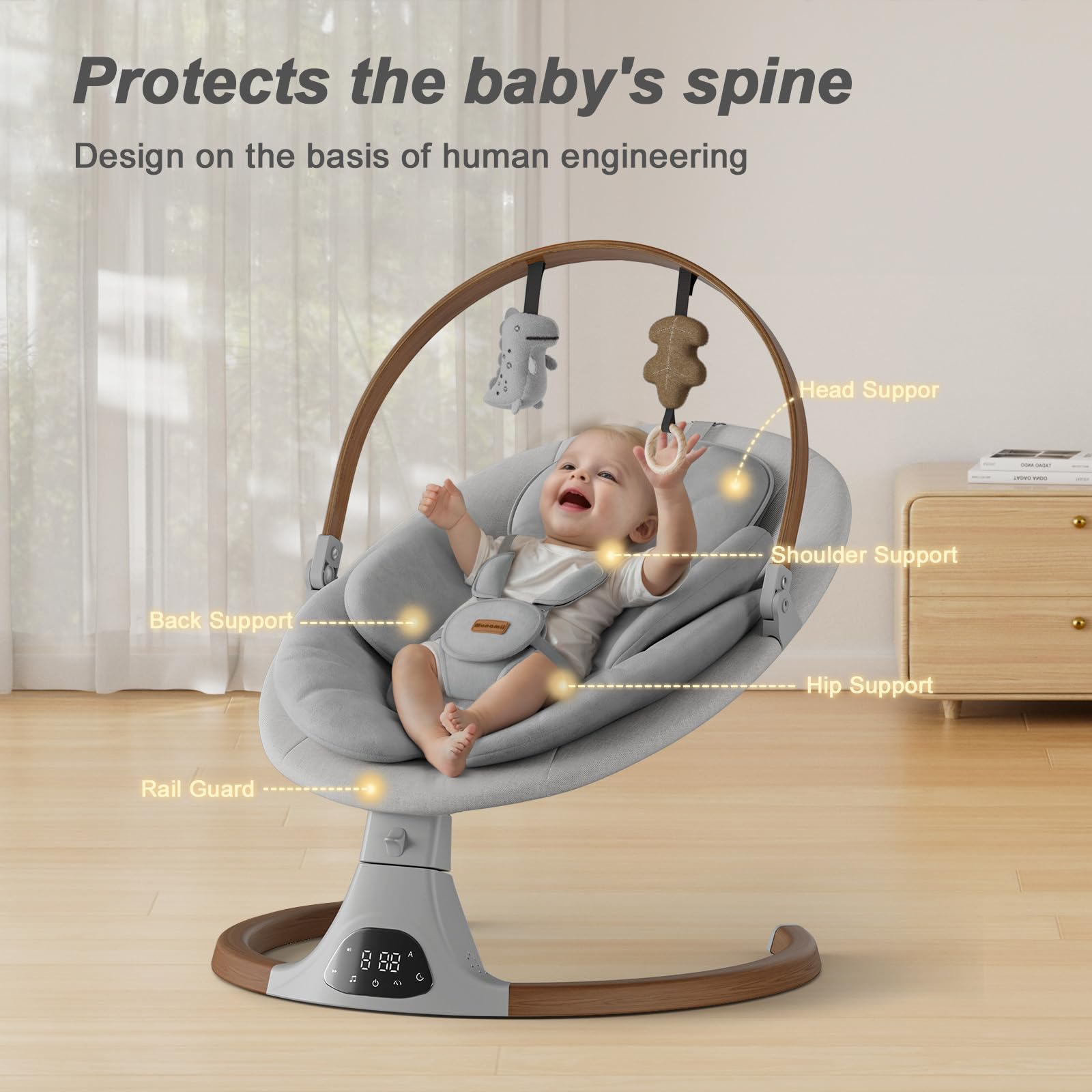 Monamii baby swing Bluetooth speaker delivers gentle music for calming sessions.