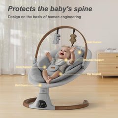 Monamii baby swing Bluetooth speaker delivers gentle music for calming sessions.