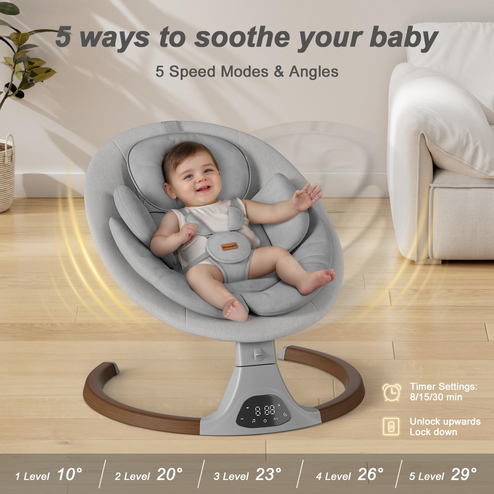 Monamii baby swing five-point harness adds secure, comfortable restraint.