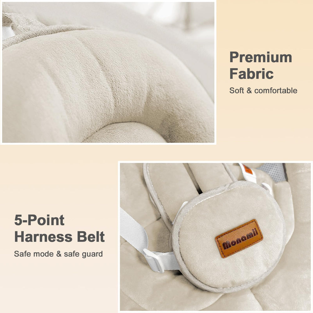 Monamii baby swing's five-point harness adds secure, comfortable support during play and nap times.