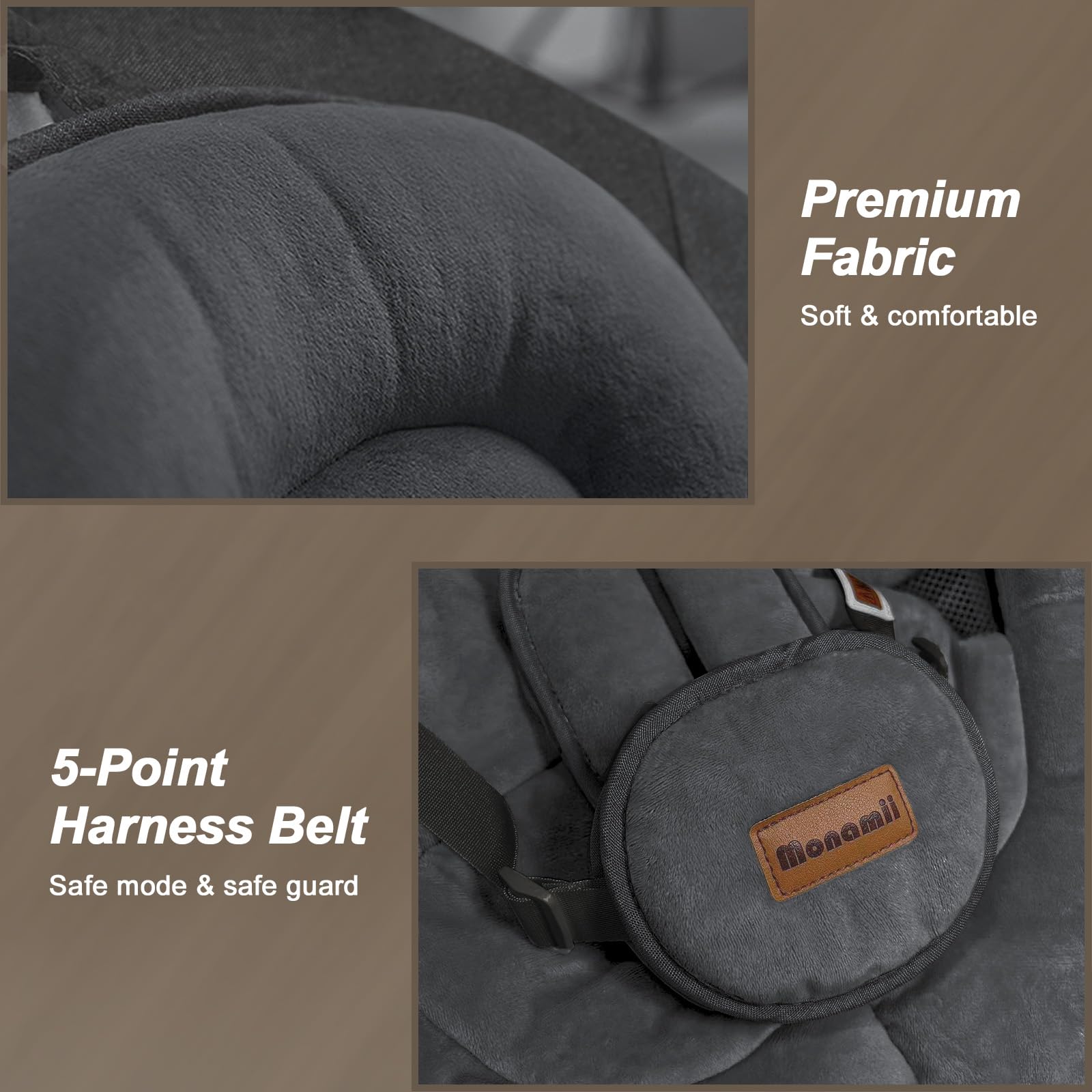 Monamii Baby Swing 5-point harness for secure, comfortable rides