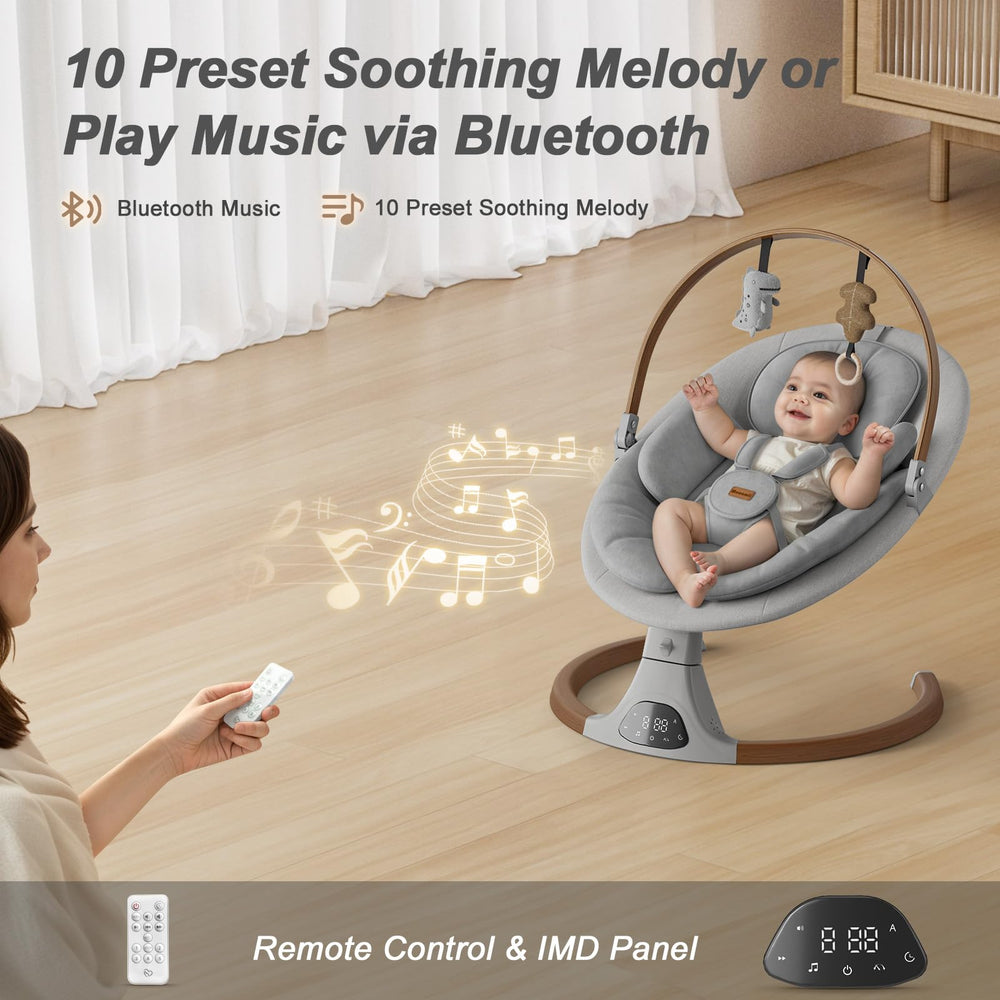 Monamii baby swing supports indoor and outdoor use with plug or power bank.