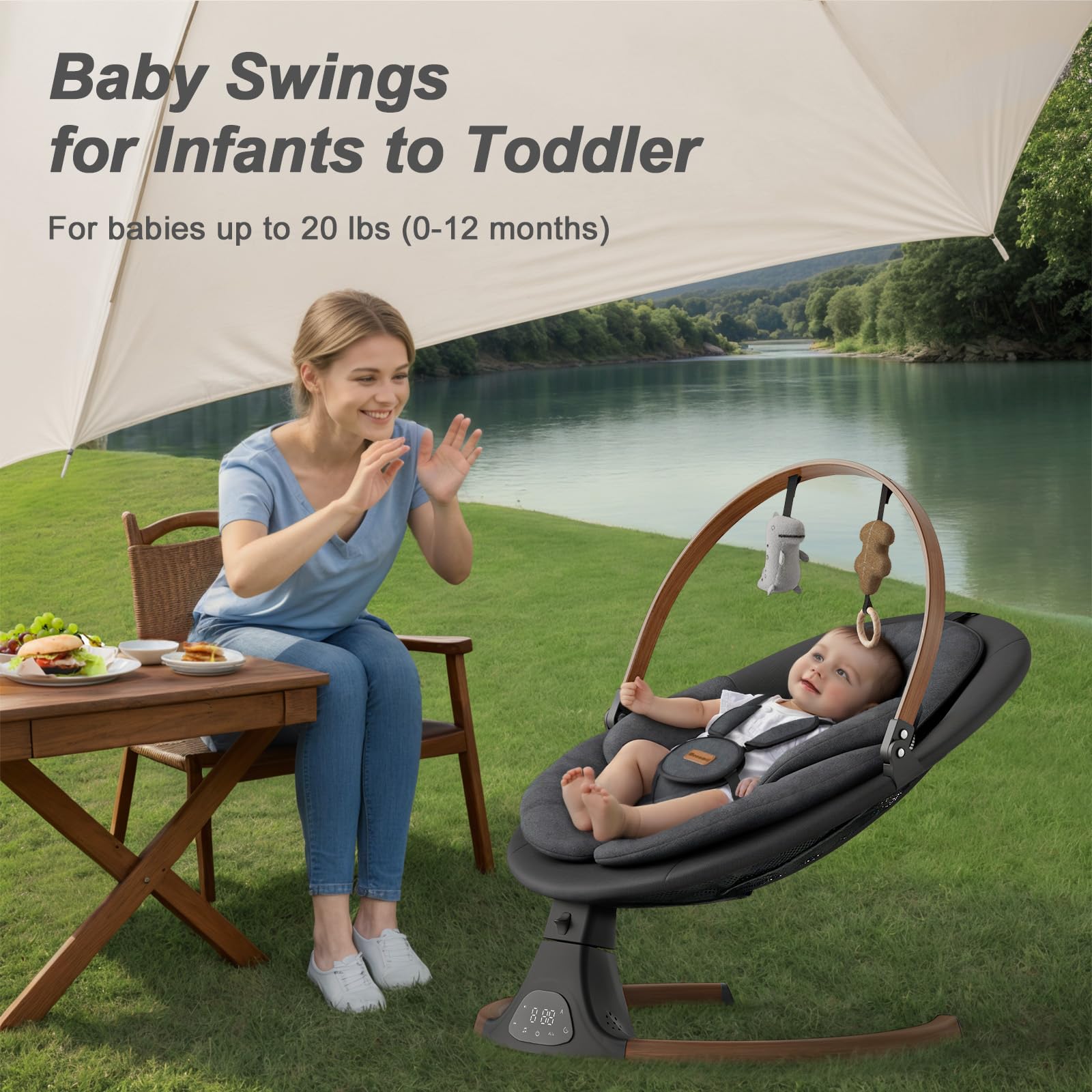 Monamii Baby Swing wood-grain design blends with nursery decor