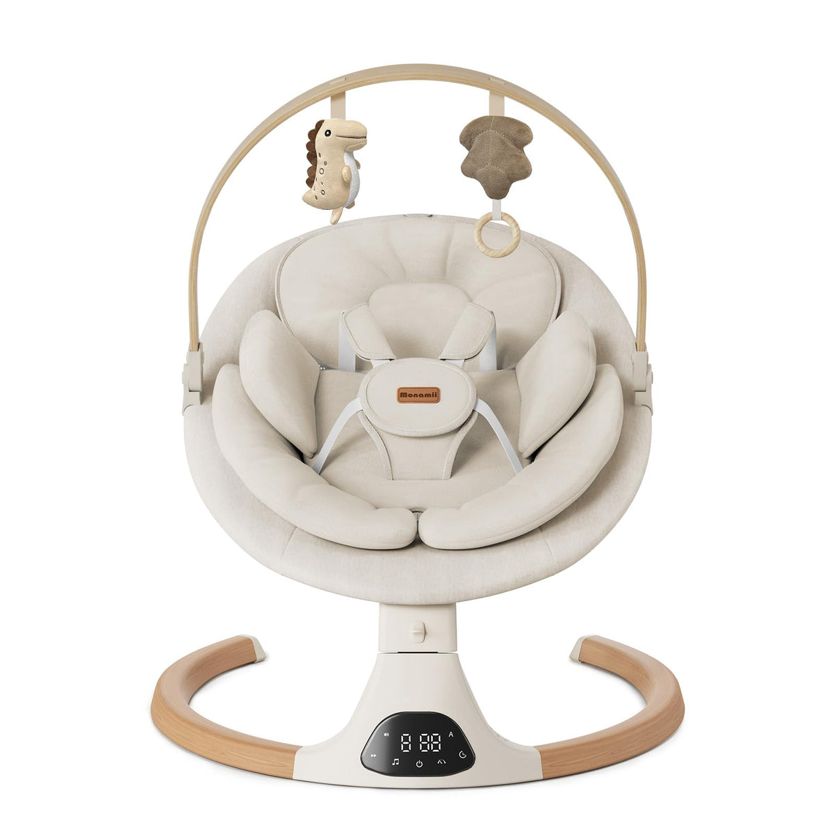 Monamii baby swing wood grain design adds modern nursery decor and calm ambience.