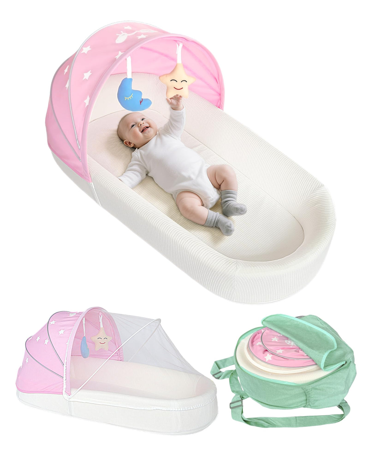 MonGianda portable newborn nest lounger with canopy creates a cozy indoor sleep space.
