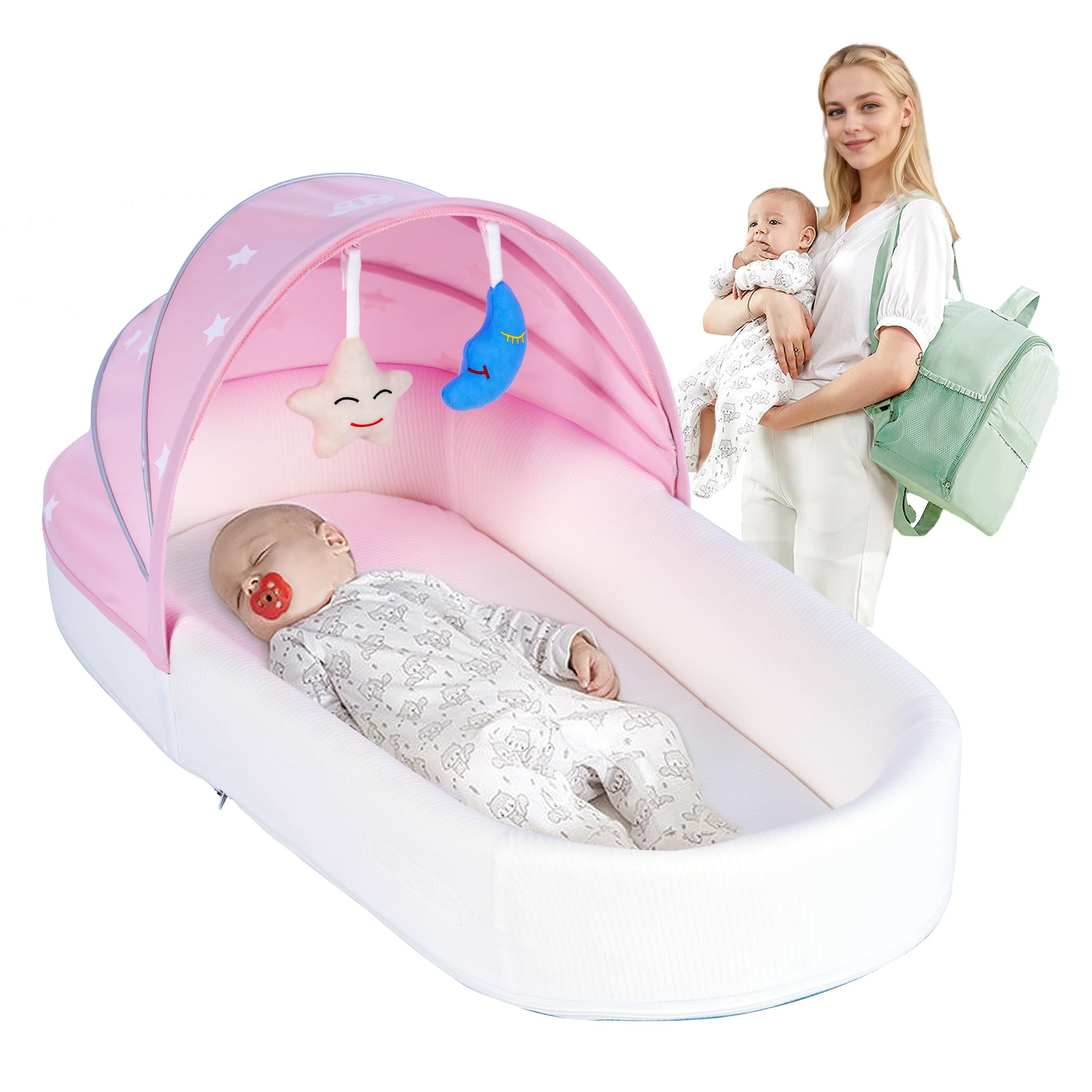 MonGianda nest lounger with mosquito net shields baby from sun and bugs while resting.