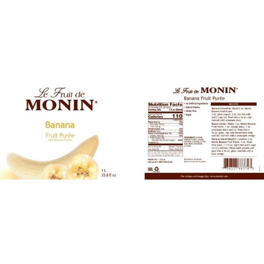 Monin Banana Puree 1L bottle closeup highlights creamy texture, ideal dessert sauces.
