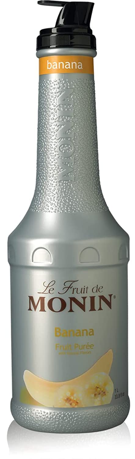 Monin Banana Puree 1L bottle pour boosts banana flavor for cocktails and smoothies.