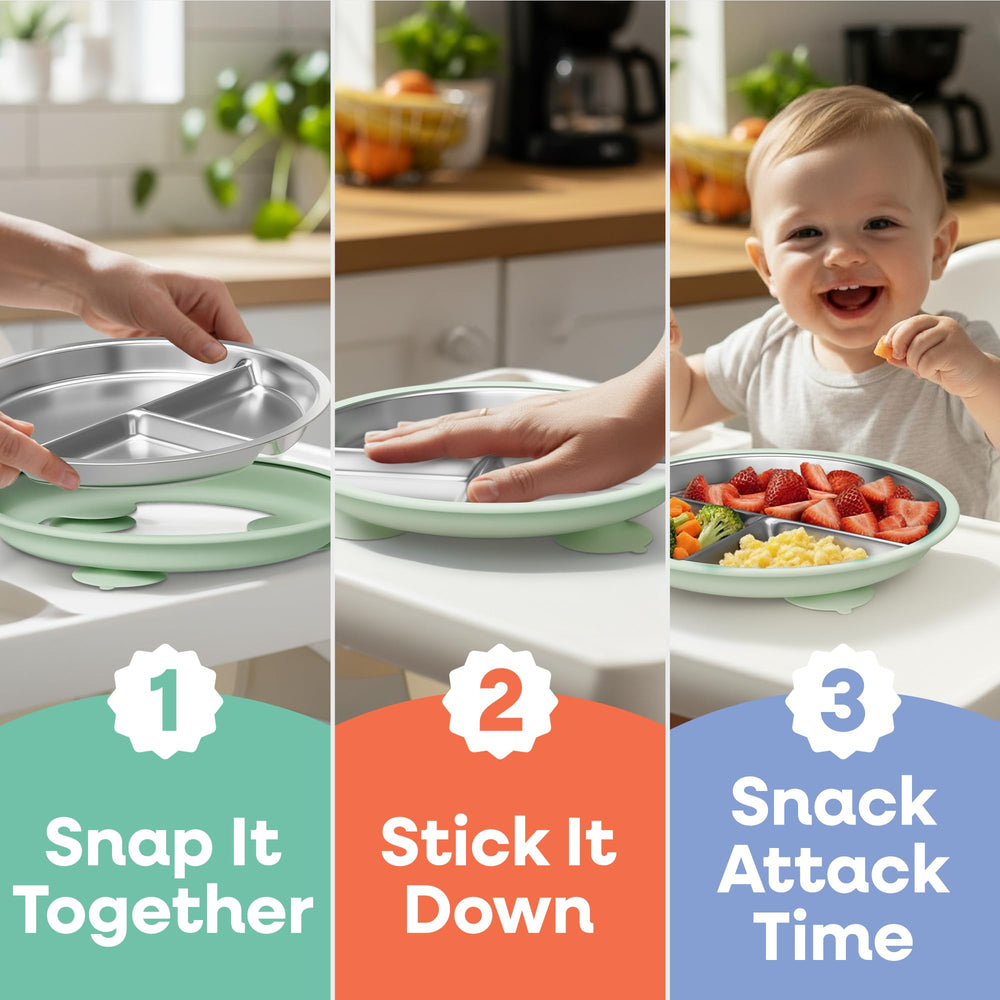 Monk and Bug dishwasher-safe stainless plate cleans quickly after meals.