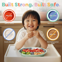 Monk and Bug suction plate on table stays put during meals.