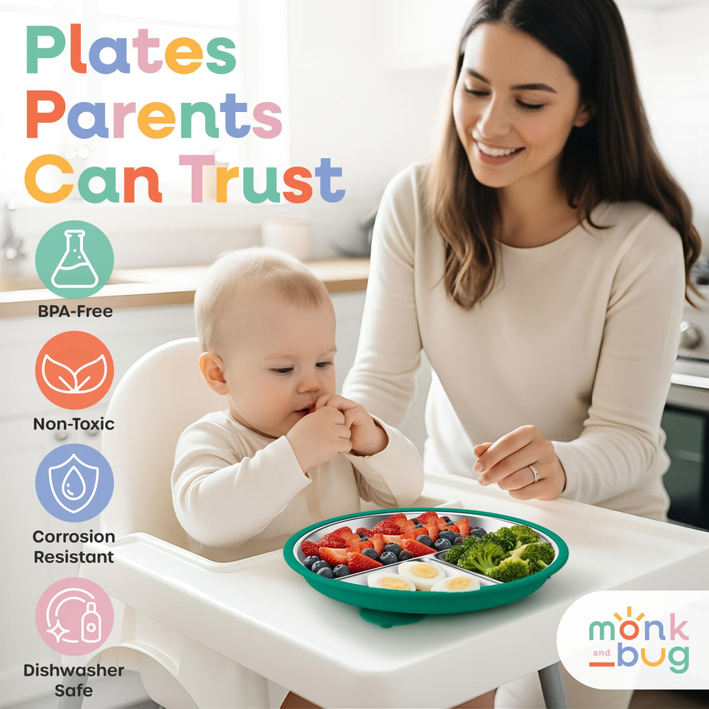 Monk and Bug two-plate set supports siblings at meals.