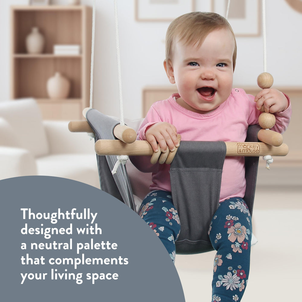 Monkey & Mouse baby swing pale pink indoor outdoor setup demonstrates easy installation.