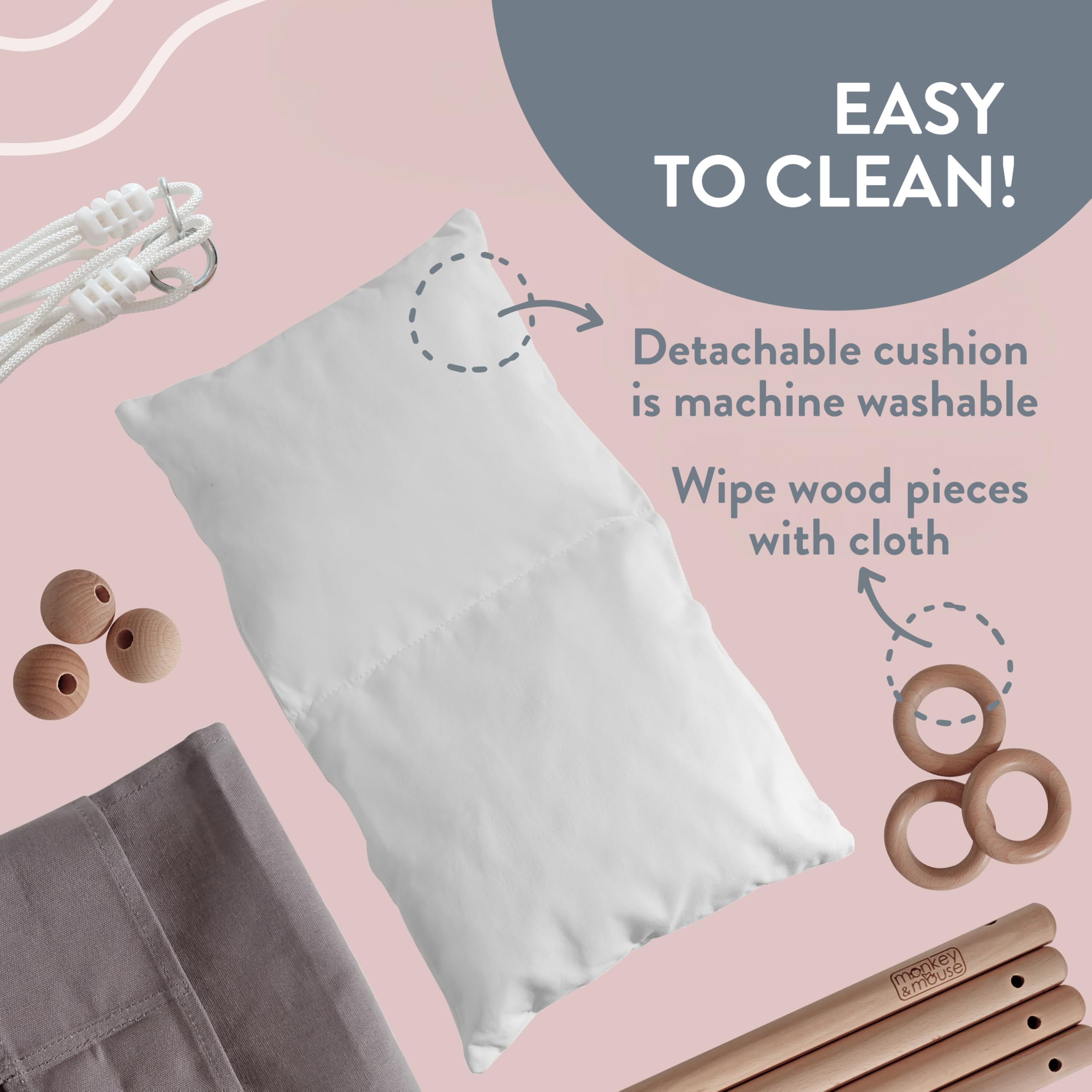 Monkey & Mouse baby swing pale pink nursery decor inspires playful sensory experiences.