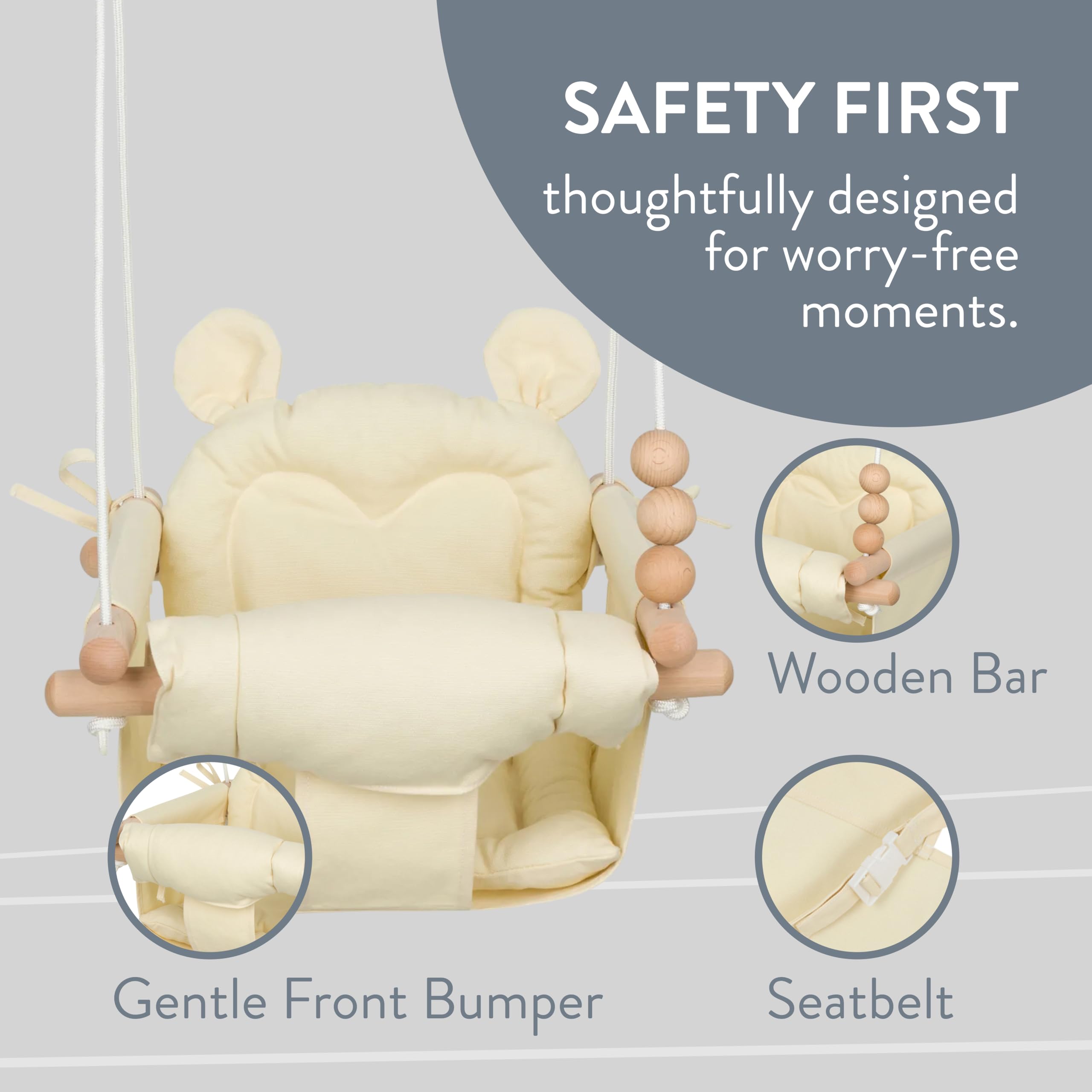 Monkey & Mouse safety-belt ensures secure hold during gentle swinging and toddler-friendly sessions.