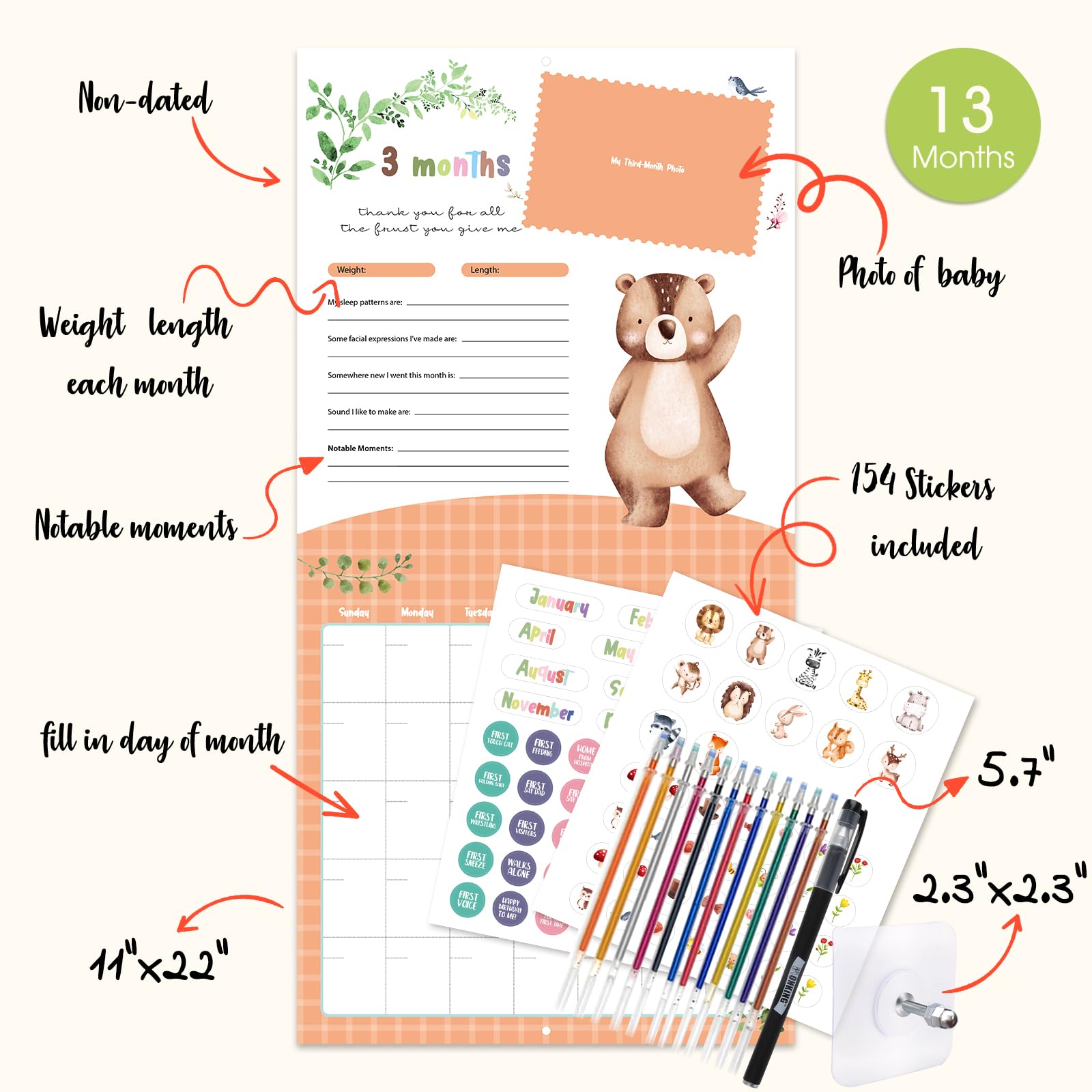 Monking calendar inside layout highlighting organized monthly milestones for parents.
