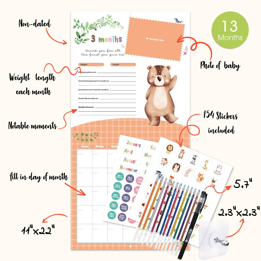 Monking calendar inside layout highlighting organized monthly milestones for parents.