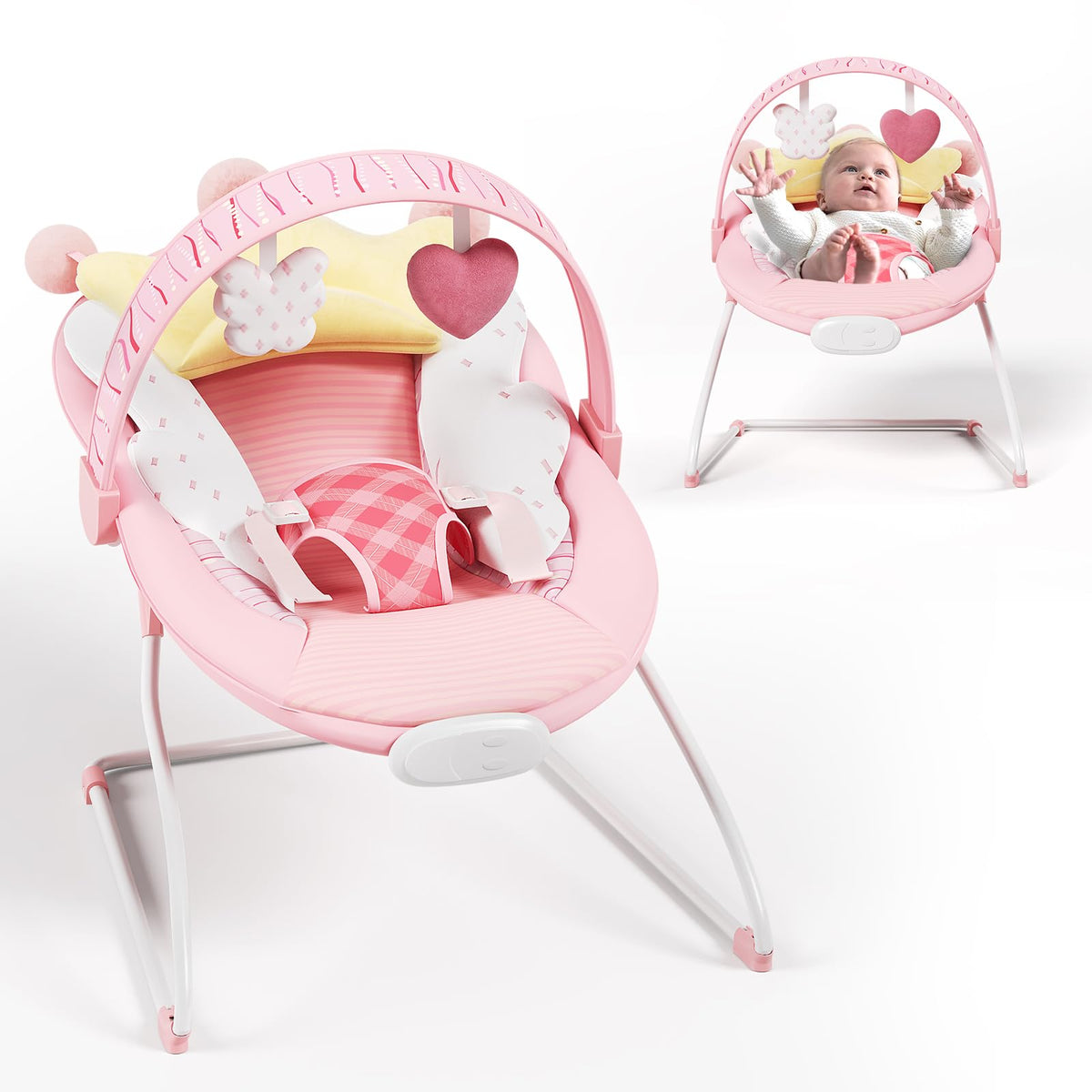 Monniebaby Baby Bouncer pink front view provides soothing seating for naps.
