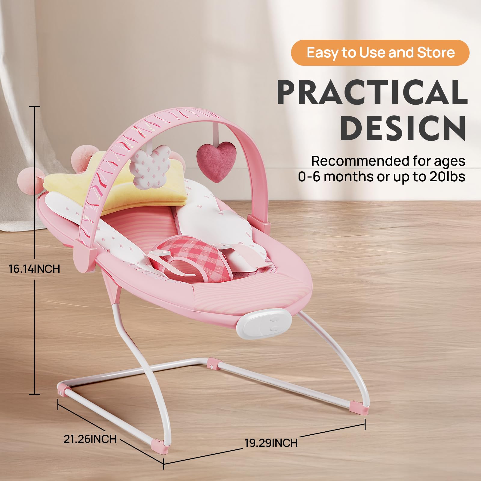 Monniebaby Baby Bouncer pink music box demonstrates adjustable tunes to soothe fussy moments.