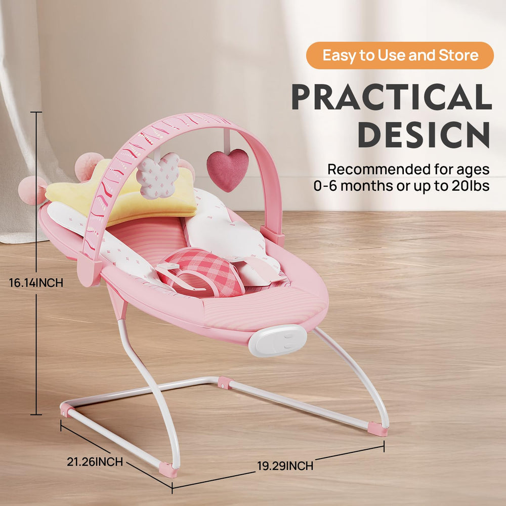 Monniebaby Baby Bouncer pink music box demonstrates adjustable tunes to soothe fussy moments.