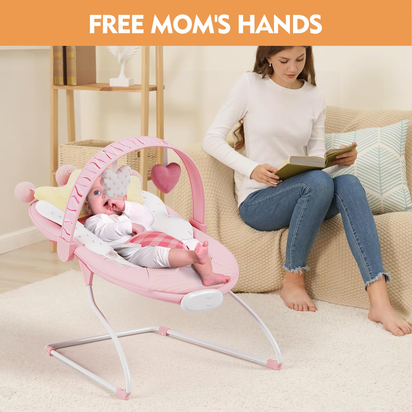 Monniebaby Bouncer pink removable cover demonstrates easy machine-washability.
