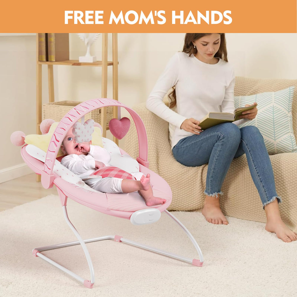 Monniebaby Bouncer pink removable cover demonstrates easy machine-washability.