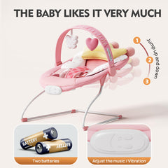 Monniebaby Baby Bouncer pink overhead toy bar encourages reaching and exploration.