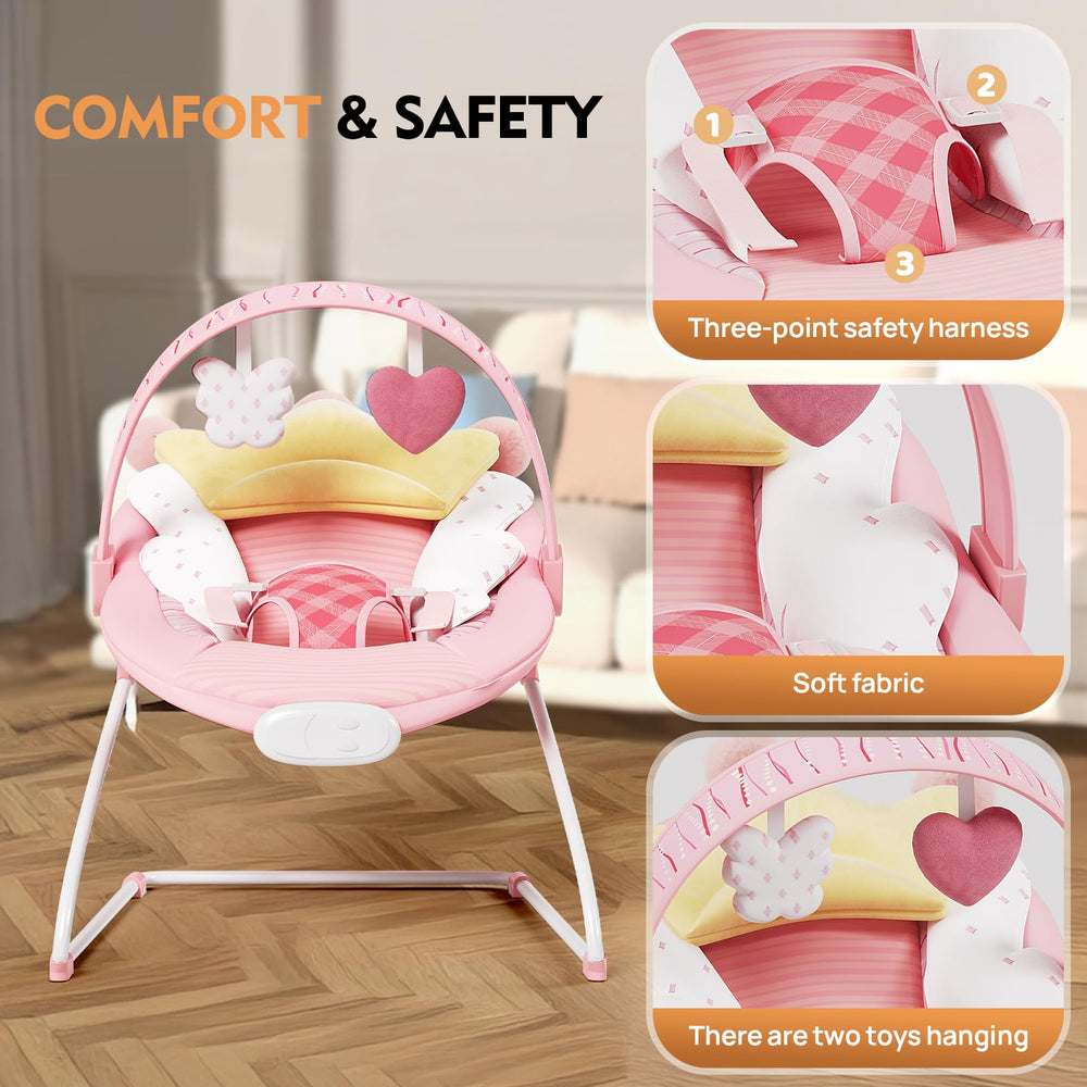 Monniebaby Baby Bouncer pink wings image highlights calming throne for tiny royals.