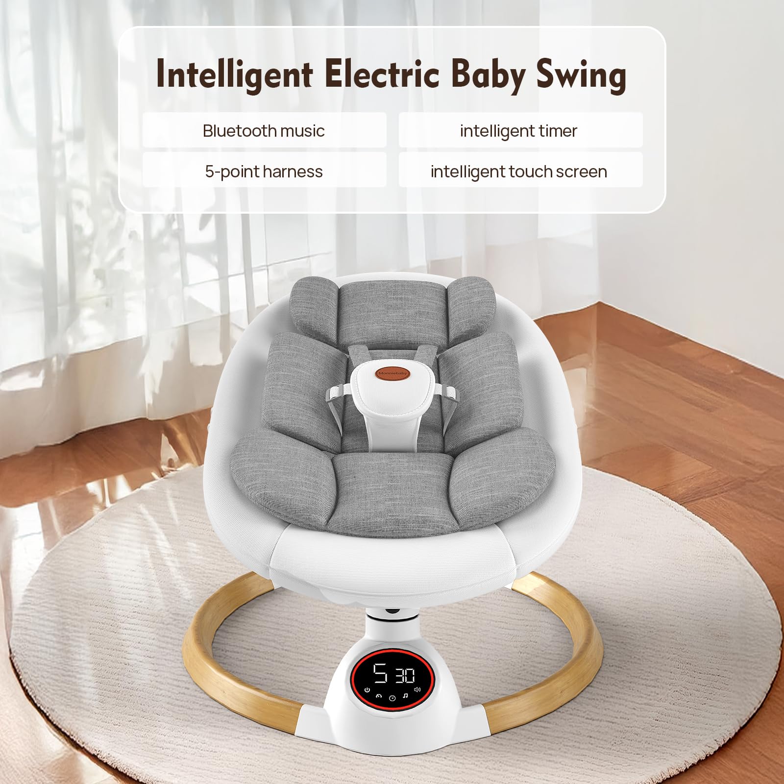 Monniebaby baby swing with 5 point harness enhances baby safety during use