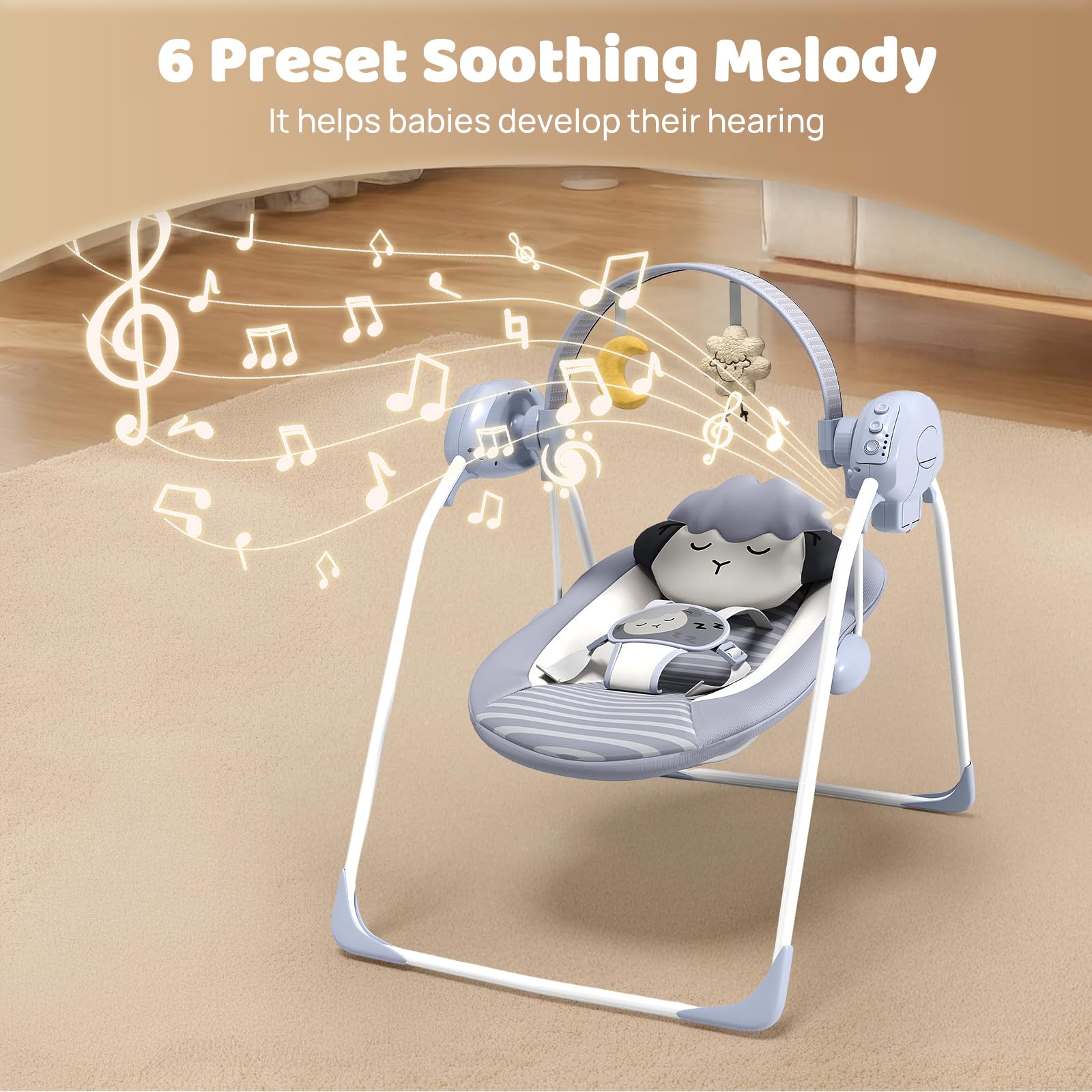 Monniebaby swing plays built-in lullabies and nature sounds to soothe baby.