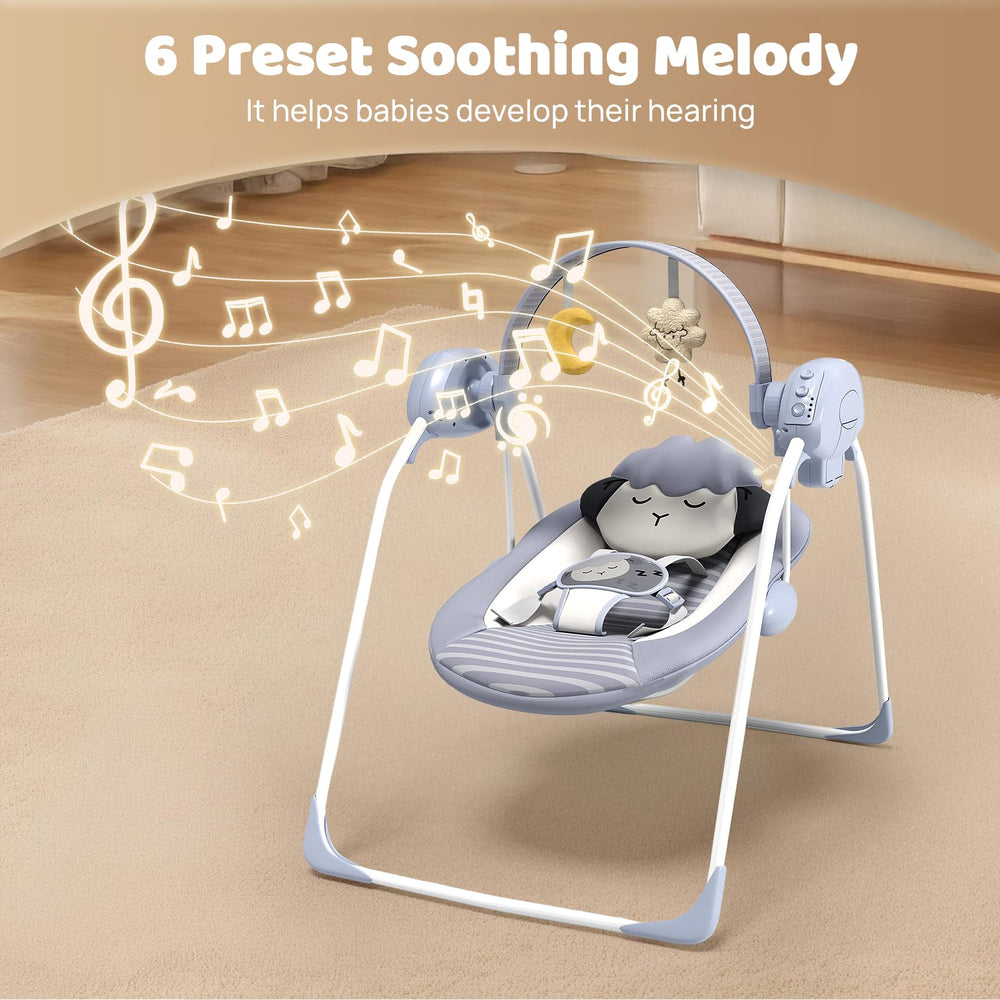 Monniebaby swing plays built-in lullabies and nature sounds to soothe baby.