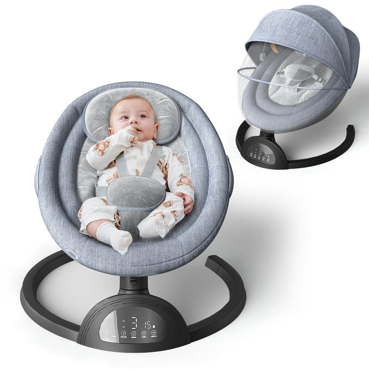 Monniebaby baby swing with five motions soothes infants through gentle sway during quiet time