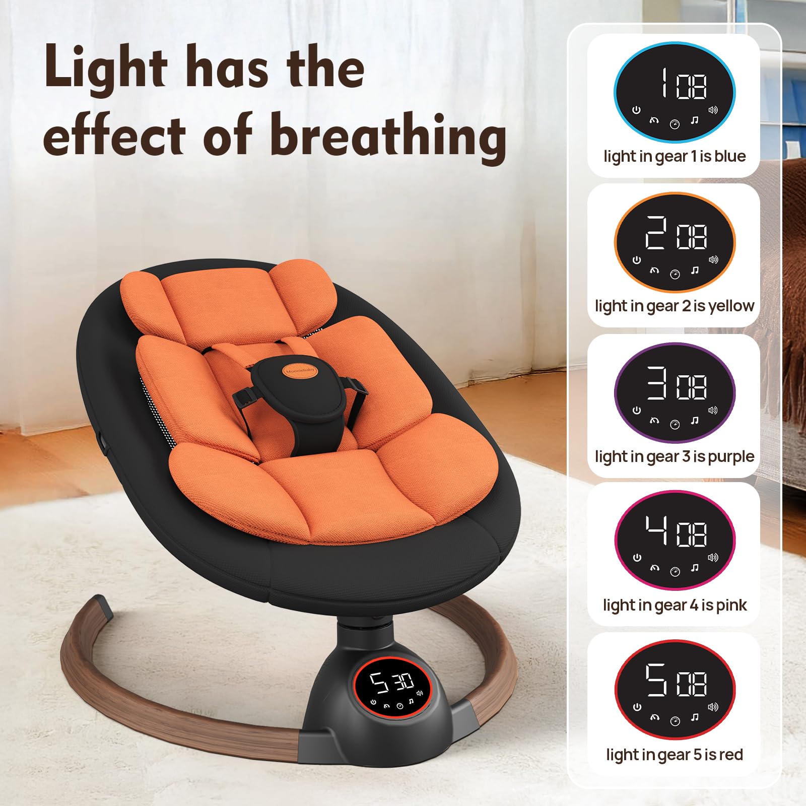 Monniebaby swing offers preset melodies to soothe and entertain.