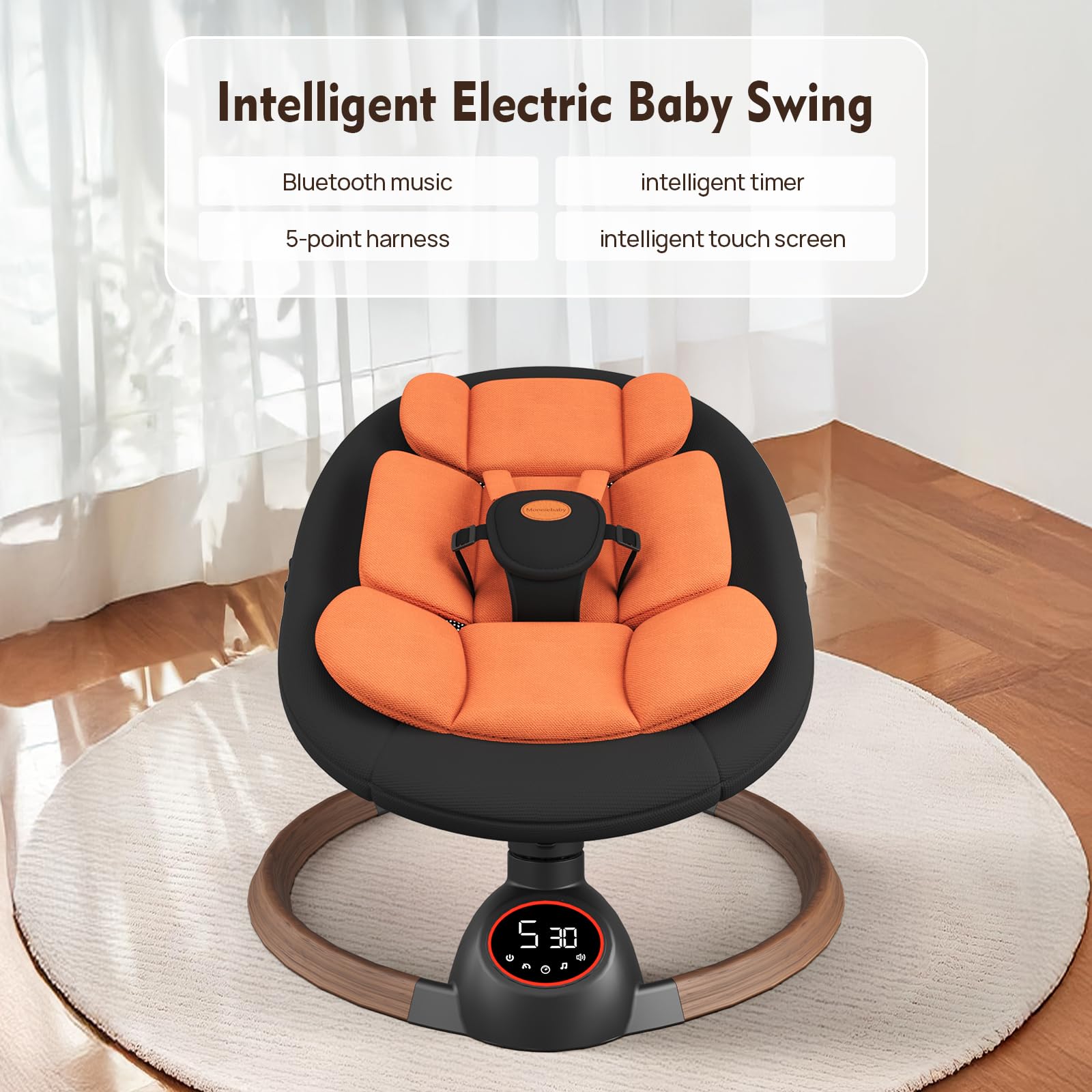 Monniebaby 5-point harness ensures secure, comfortable baby seating.