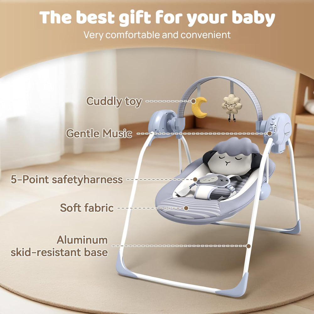 Monniebaby swing shows soft cushion seat and secure 5-point harness.