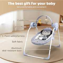Monniebaby swing shows soft cushion seat and secure 5-point harness.