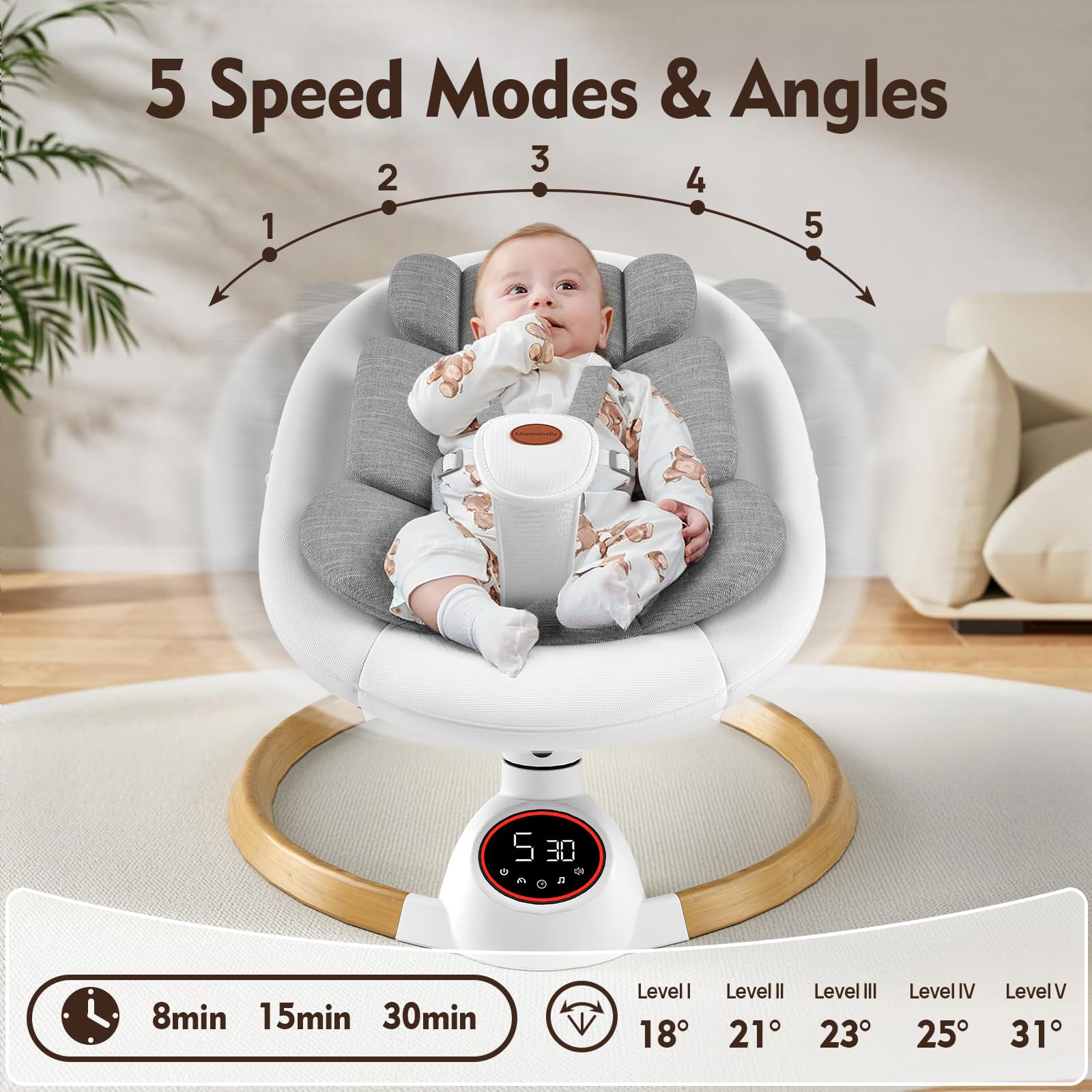 Monniebaby swing offers 5 wave motions to gently calm infants