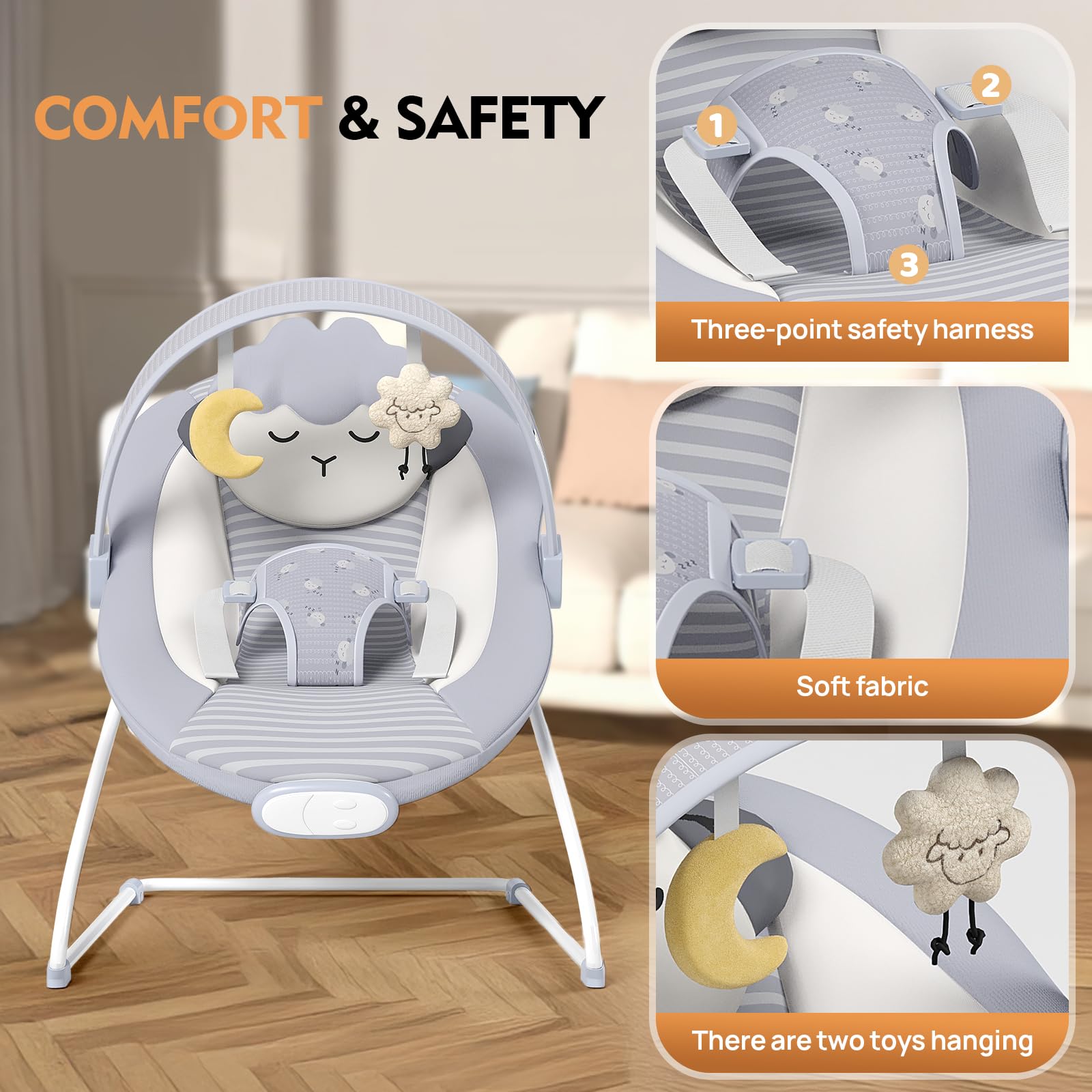 Monniebaby dual-comfort bouncer shows gentle bounce or vibrations for calming use