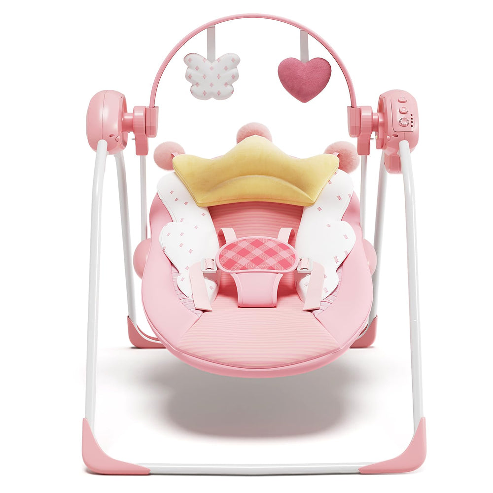 Monniebaby pink baby swing with wings and crown for soothing, cozy comfort.