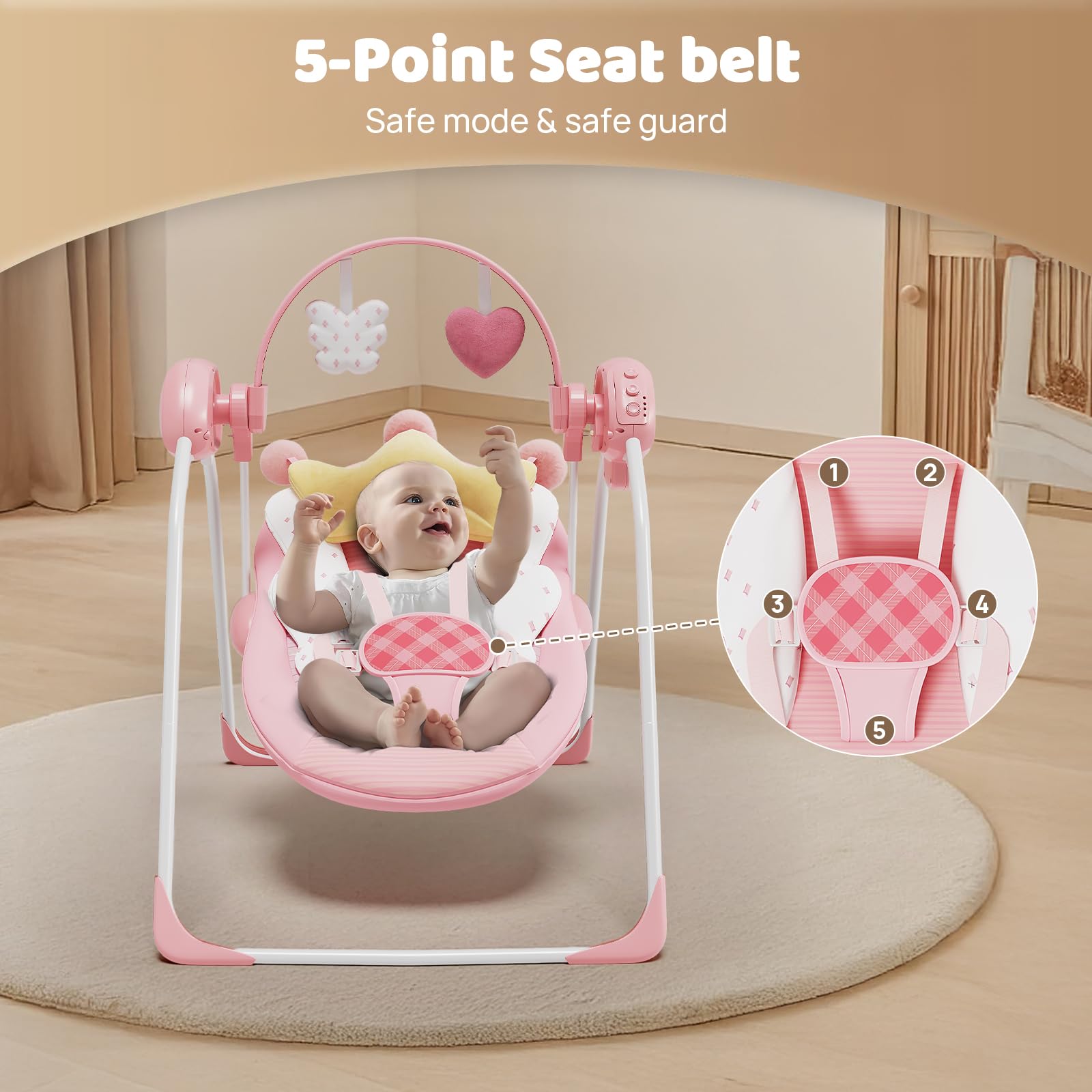 Monniebaby pink swing offers calming music to help relax baby.