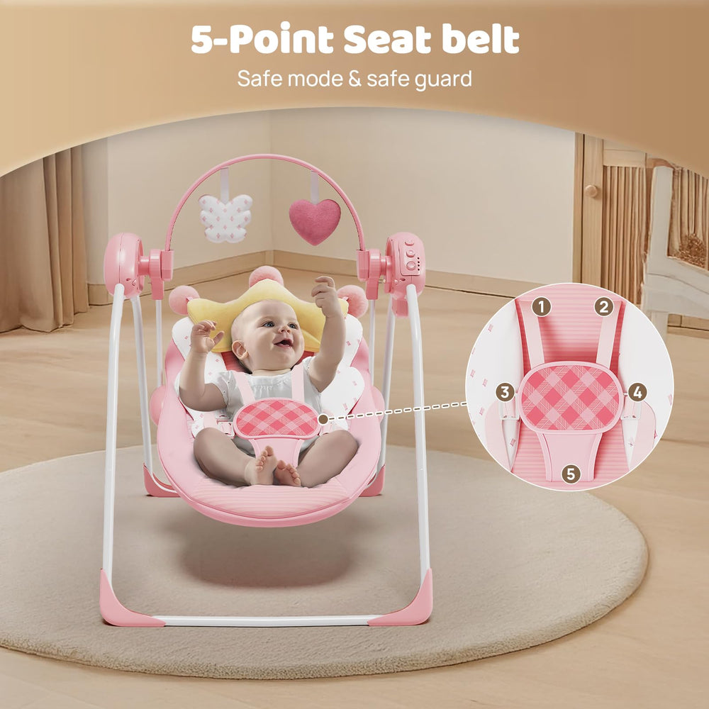 Monniebaby pink swing offers calming music to help relax baby.