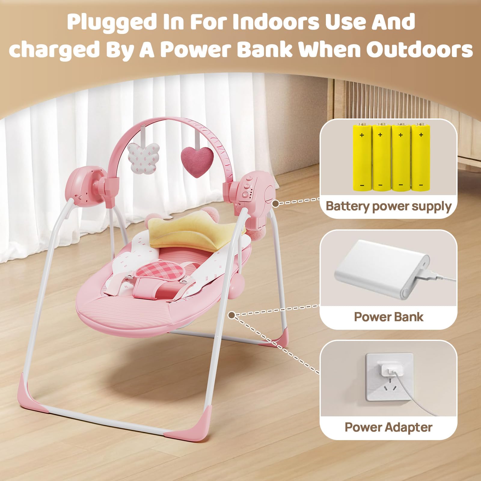 Monniebaby versatile power options: AC adapter and battery for on-the-go use.