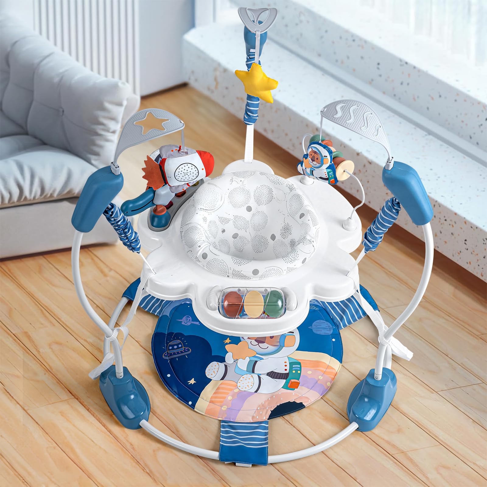 Monniebaby Space Tiger with three hanging toys for visual stimulation
