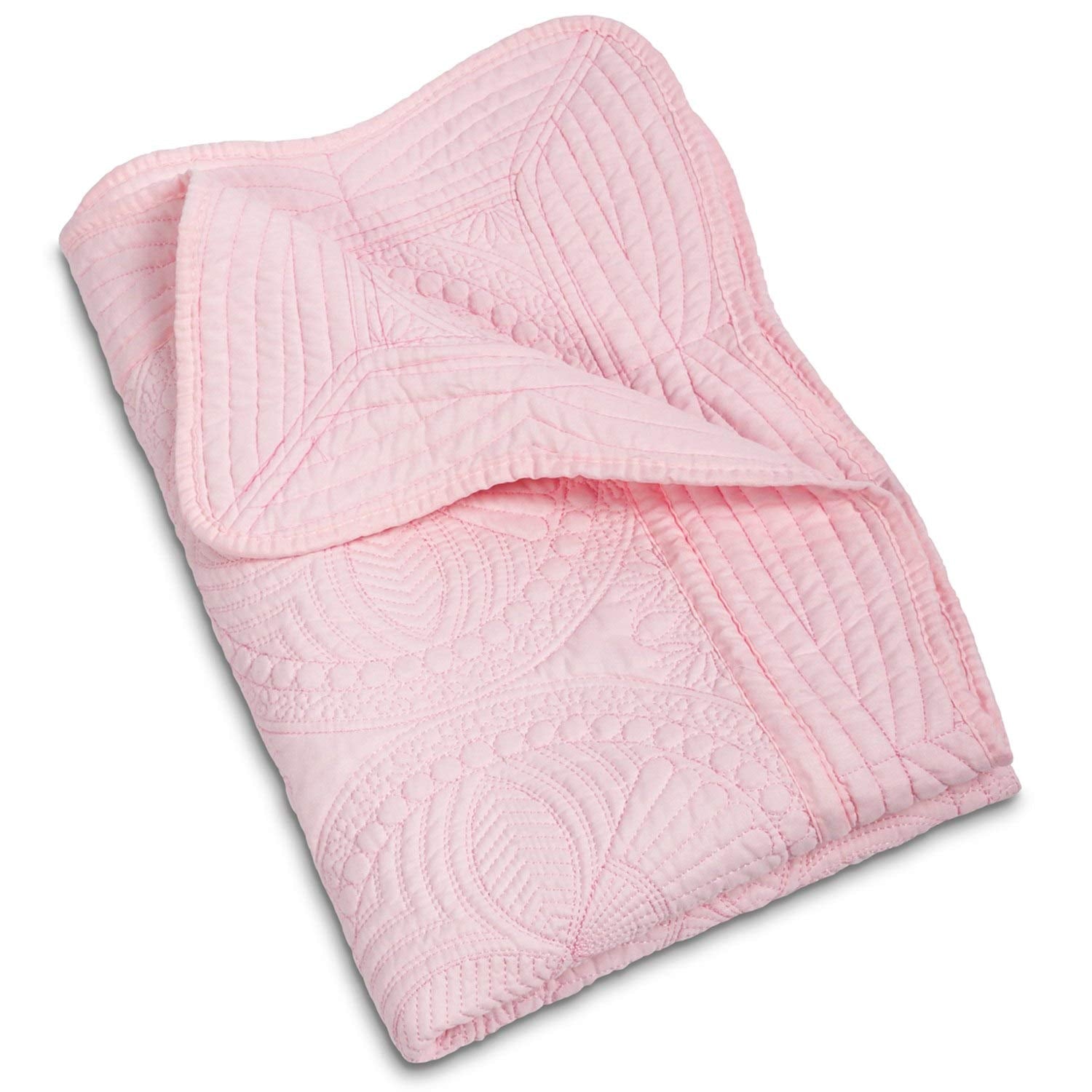 MONOBLANKS baby quilt with scalloped pink edge adds gentle nursery decor and comfort.
