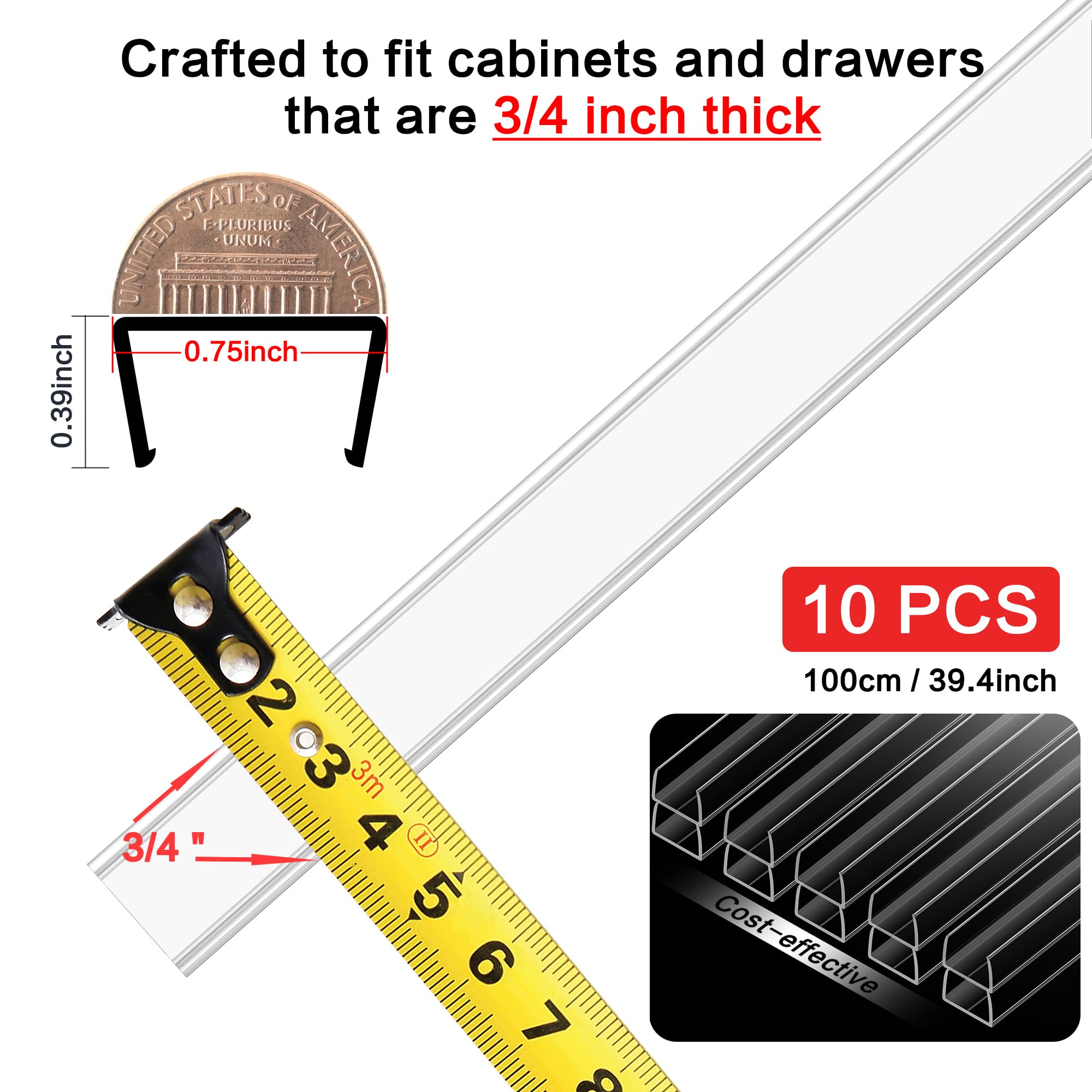 MONOID Drawer Edge Protector on kitchen cabinet edge, clear, minimizes impact damage.