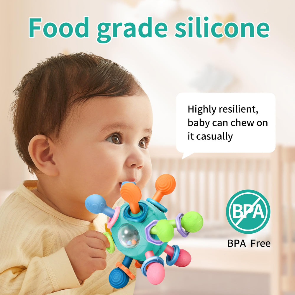 MonoTele teether with 3 textured surfaces offers varied sensory exploration.