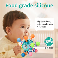 MonoTele teether with 3 textured surfaces offers varied sensory exploration.