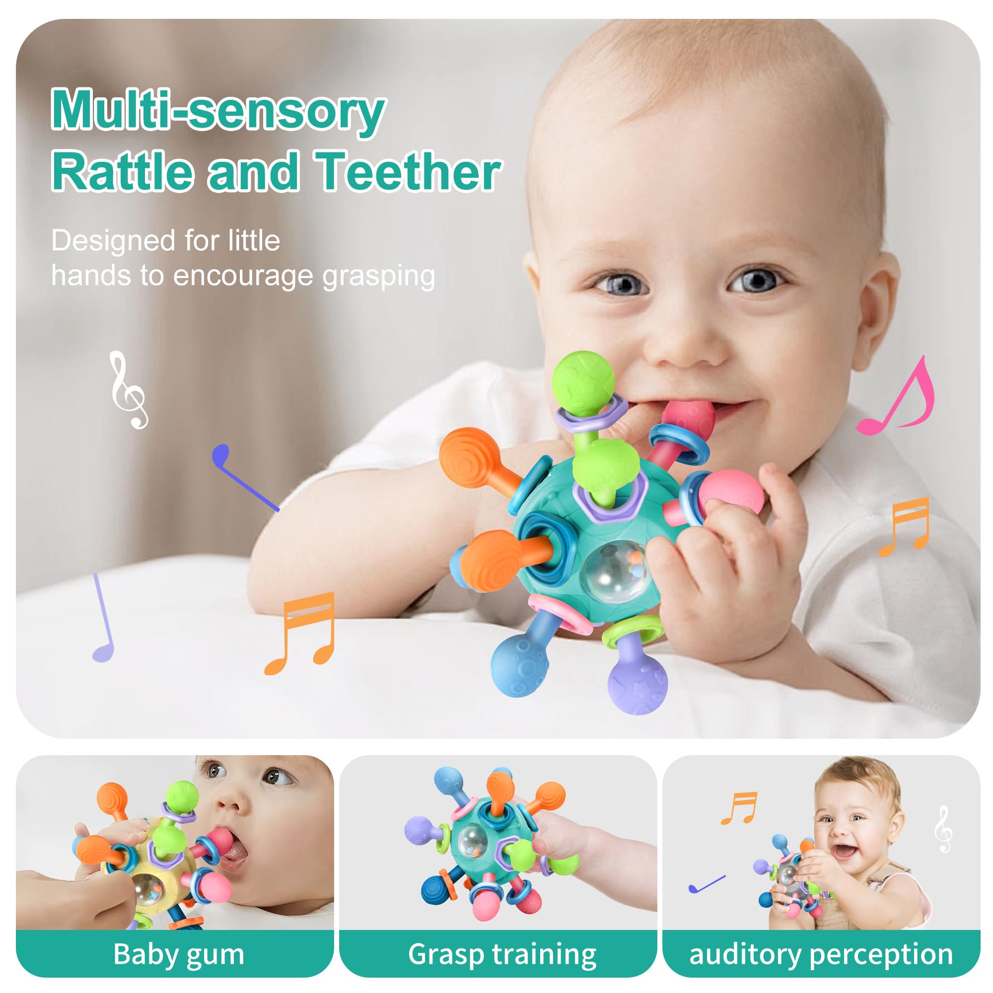 MonoTele baby holds teether to support grasp and reach